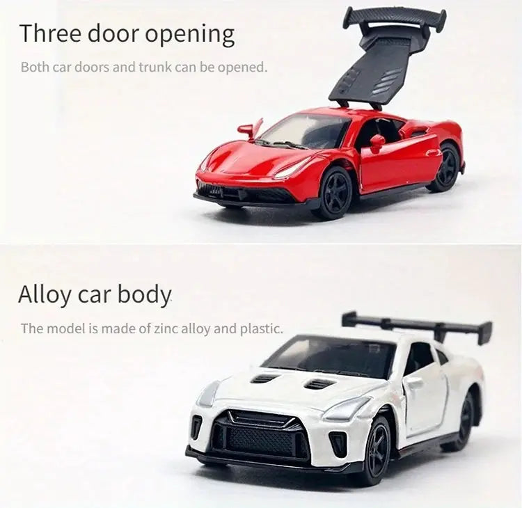Two toy drift cars by Simples Market: red and white alloy-bodied sports models.