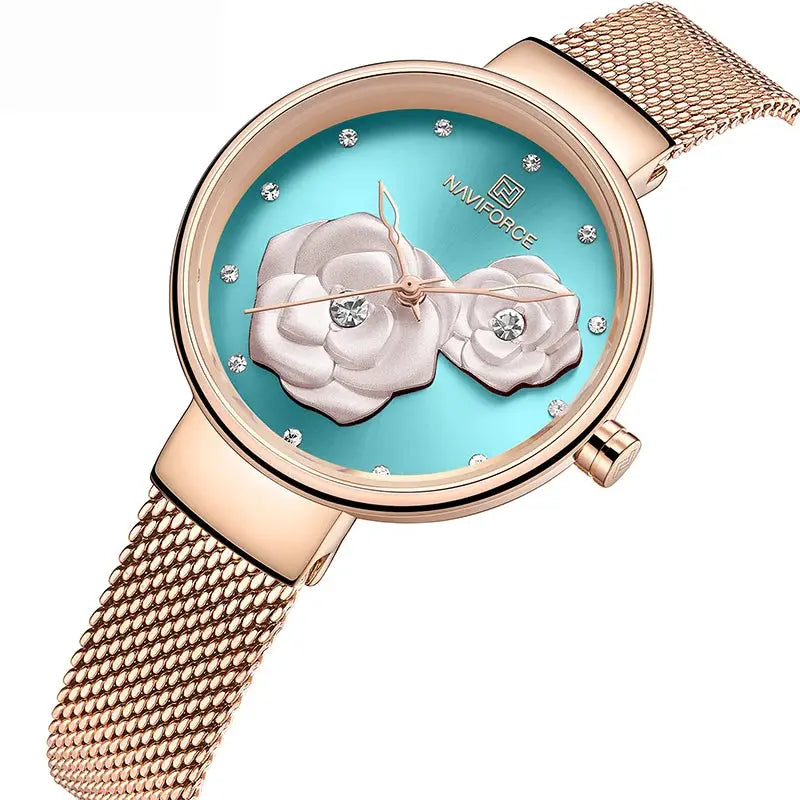 Women's NAVIFORCE rose-gold steel mesh watch with turquoise dial and floral crystal markers