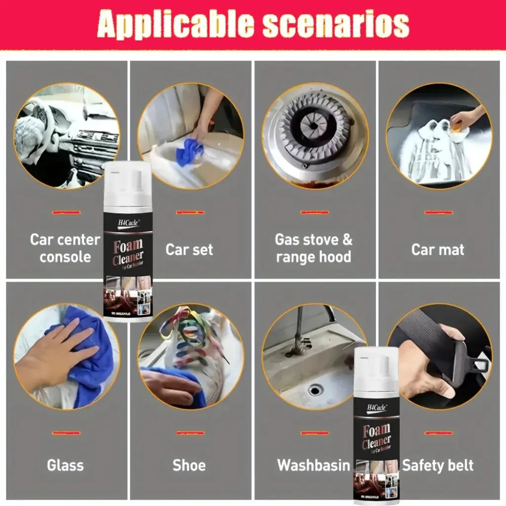 Simples Market Foam Cleaner spray; white bottle with black label, two bottles shown for car interior and home cleaning.