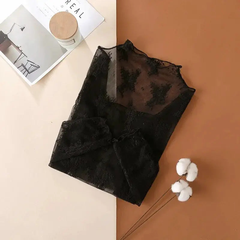 LaceLuxe Women Floral Lace Shirt Mock Neck With Mesh Bottoming Layer For Spring And Autumn Flattering Sheer Look