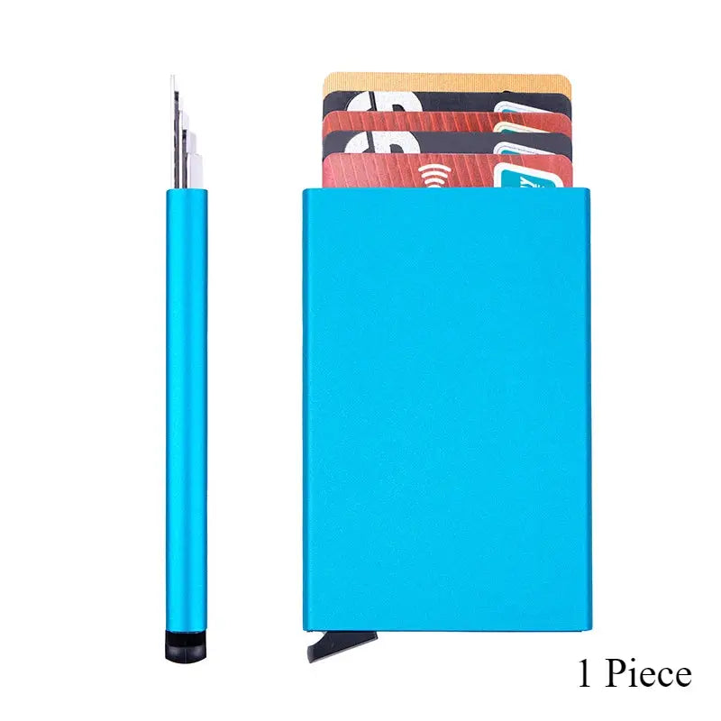 Blue metal RFID card holder slim wallet with pop-up slots for men and women