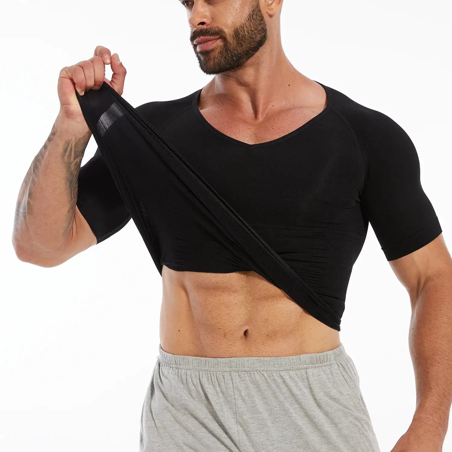 Men's black short-sleeve compression T-shirt with V-neck, tummy-control shapewear