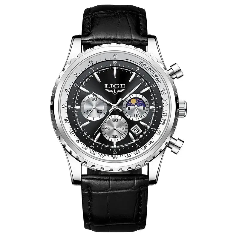 LIGE men's luxury chronograph watch with black dial and black leather strap