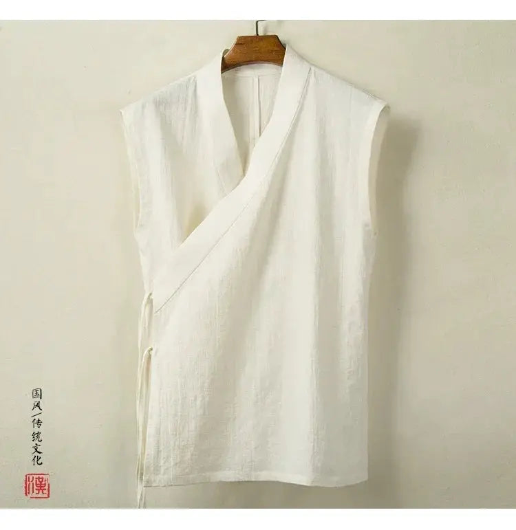 Men's Hanfu vest wrap top in white linen-cotton, sleeveless tunic by Simples Market