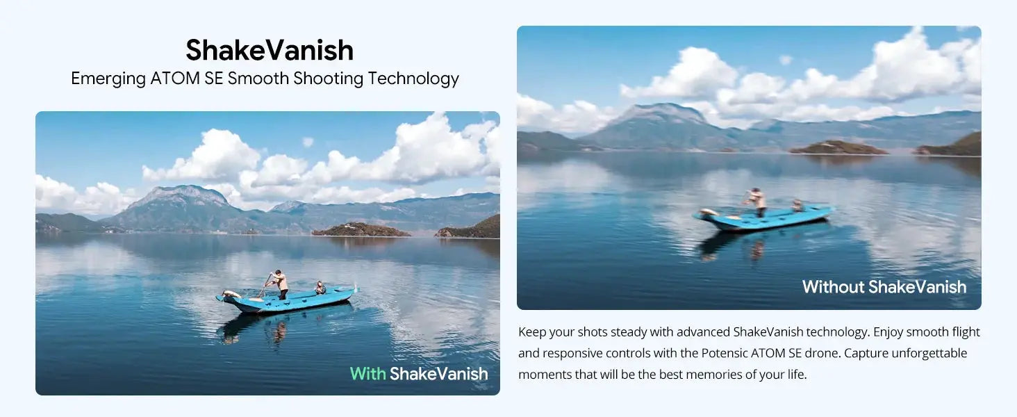 Potensic Atom SE ShakeVanish demo: side-by-side lake shots of a blue boat, smooth with ShakeVanish vs blurred without.