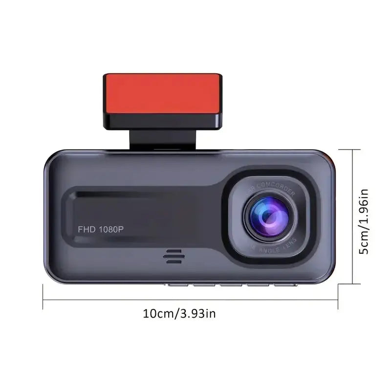 3-channel car dash cam by Simples Market, black with red mounting clip, 1080P recorder