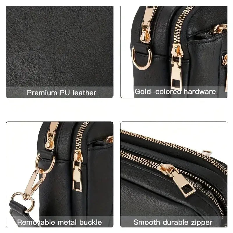 Women's multifunctional black PU leather crossbody bag by Simples Market with gold hardware