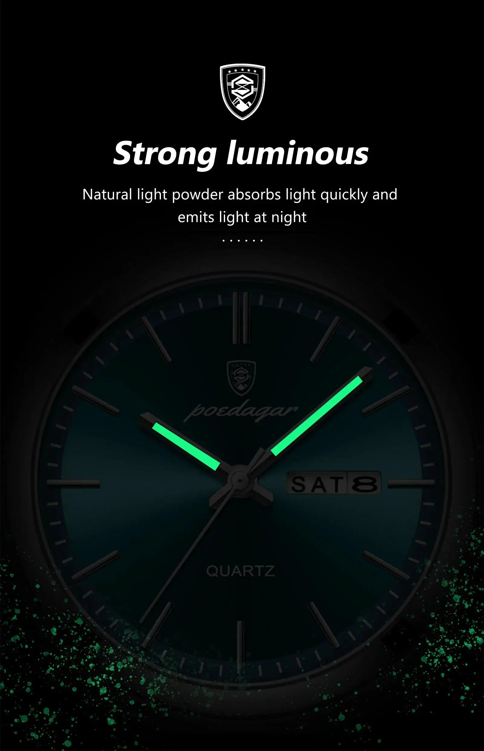 POEDAGAR men's stainless steel wristwatch with luminous green hands and date window