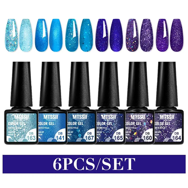 Simples Market 6pc gel nail polish set with blue to purple glitter sequins