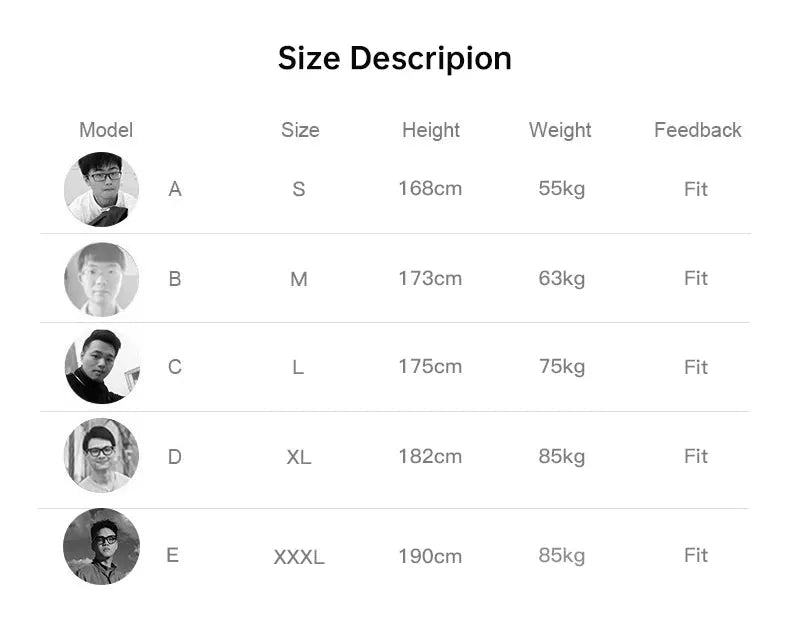Maden Winter Down Jacket for Men size chart by Simples Market showing models A–E and sizes S–XXXL.