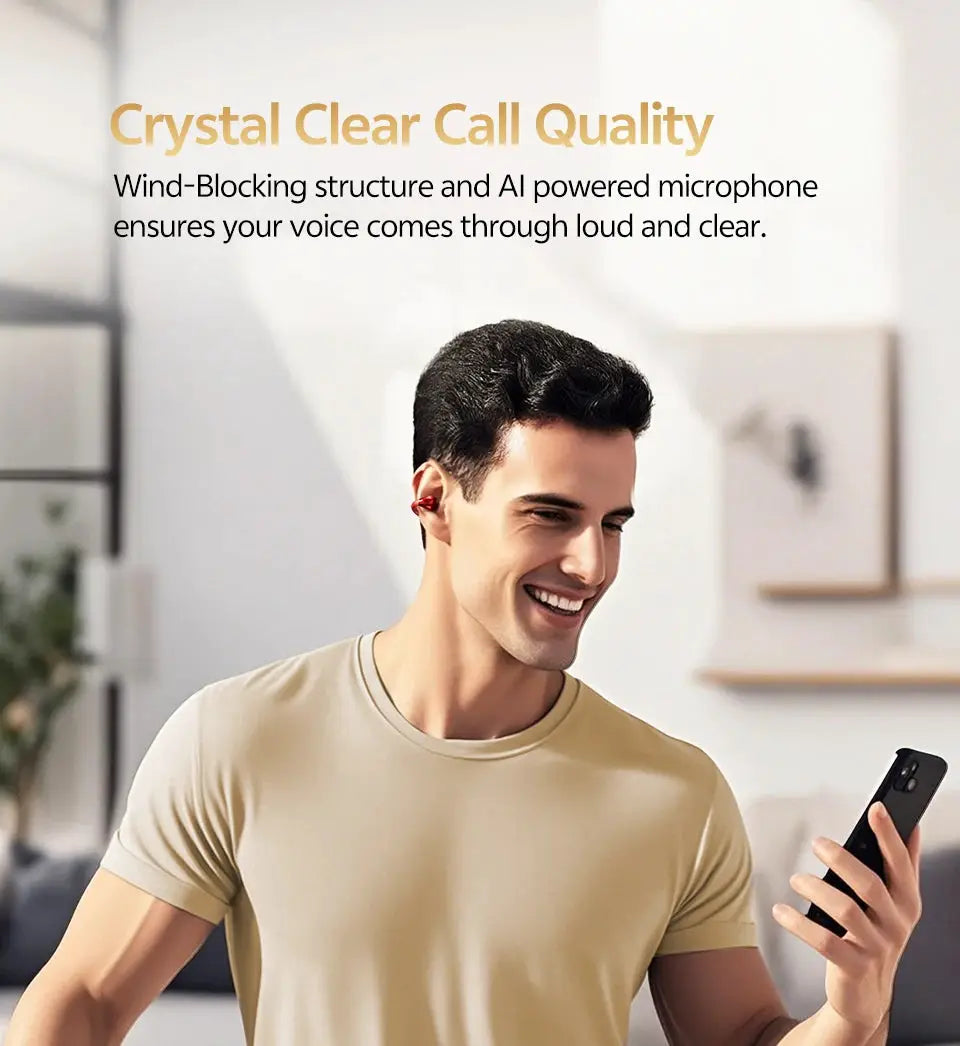 QCY Crossky C30S open-ear wireless earphones, red earclip earbuds worn by a smiling man