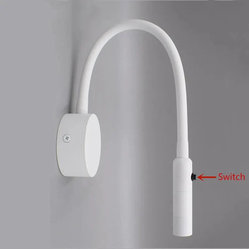 LED flexible hose wall lamp, white gooseneck with switch, wall-mounted reading light