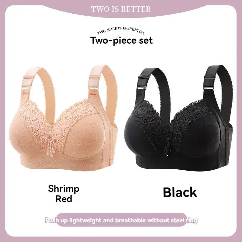 Two-piece lace bra set: two bras in peach and black with adjustable straps