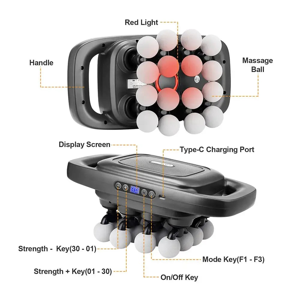 Simples Market black 16-head fascia gun handheld massager with digital display and 16 massage balls