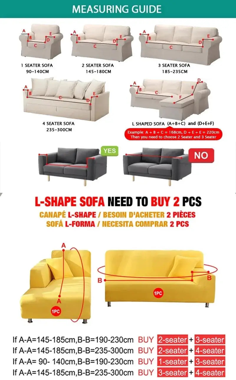 Stretch Velvet Sofa Covers by Simples Market in beige; measuring guide for 1–4 seater sofas