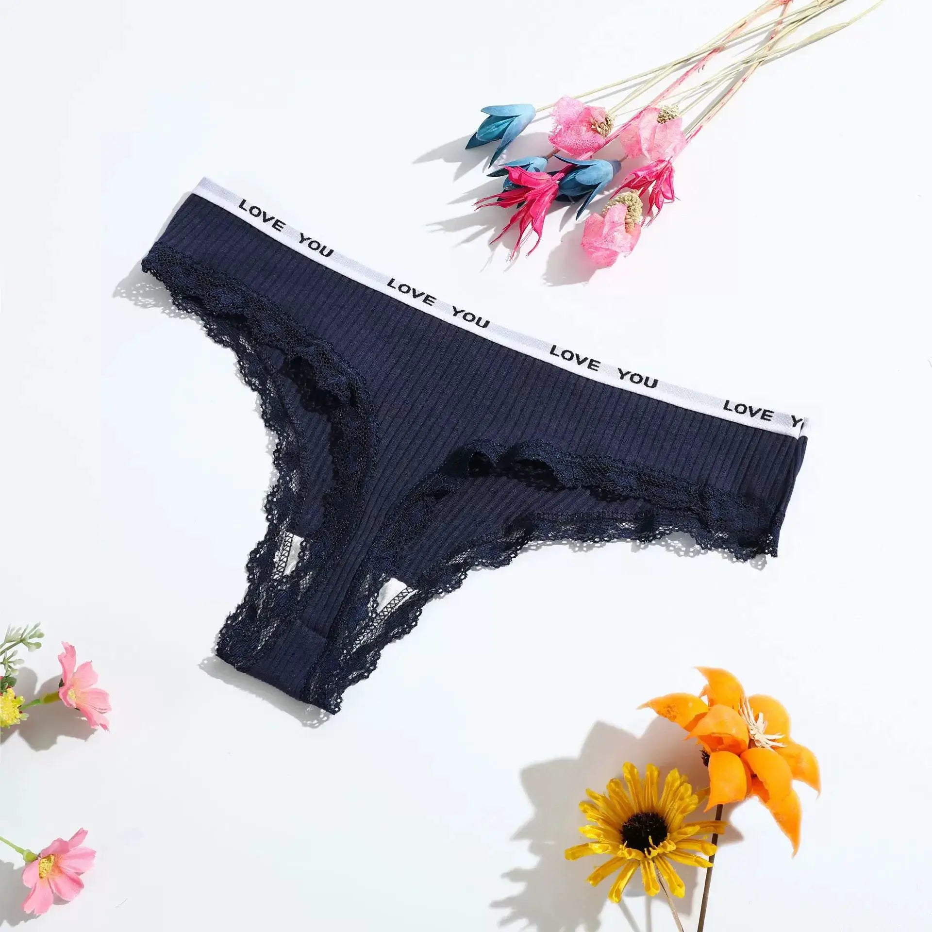 Navy blue lace-trim thong underwear with a white waistband reading LOVE YOU.