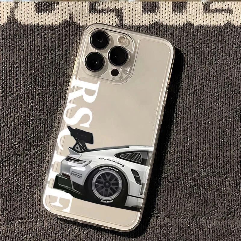 iPhone case, transparent sport car design; clear back with white race car graphic