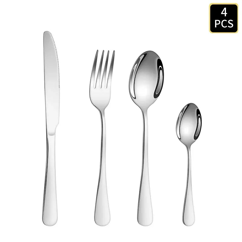4 6 16 24 Piece Set Silver Stainless Steel Cutlery With 1010 Round Handle Knife Fork Spoon For Family Dinners And Hotels