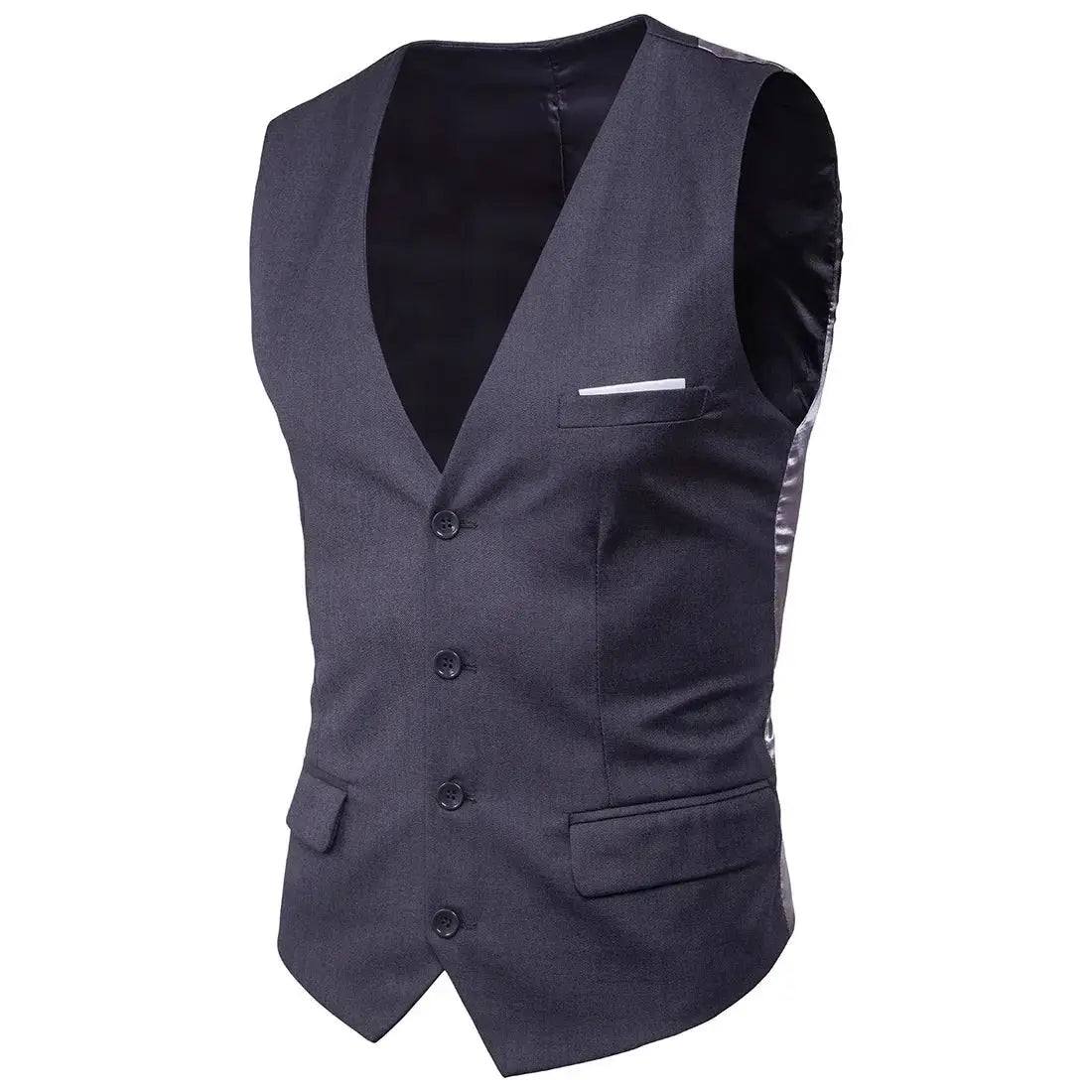 Men's dark gray vest waistcoat, five-button single-breasted with chest pocket square and flap pockets