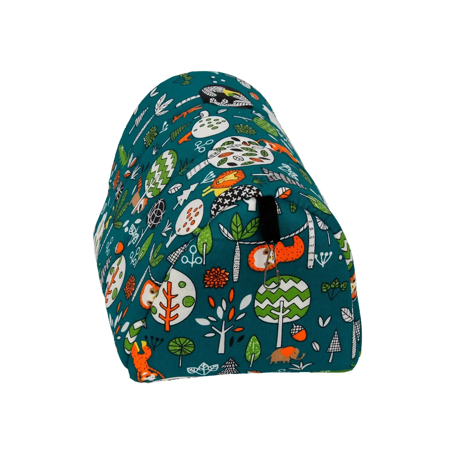 Small animal sleeping bed in teal fabric with cute print and hanging strap