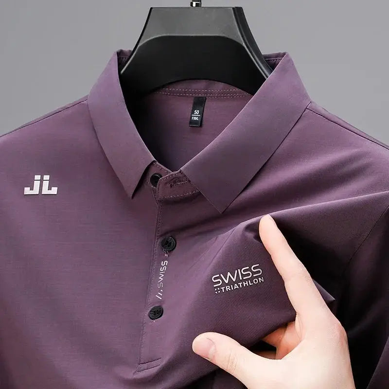 Mens Business Casual Short Sleeve Polo Shirt With Badge Solid Color Breathable Comfortable Versatile Top