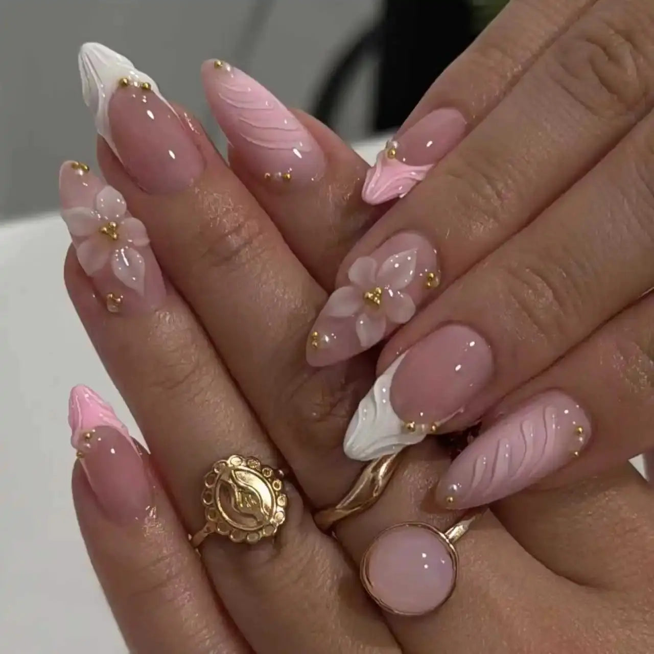 GlamNail Pink Almond Press On Nails Full Coverage Carved Flower 3D Ripple French Tips Golden Pearl Finish