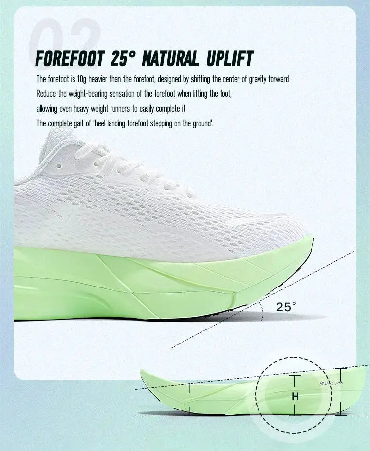 IRUNSVAN carbon fiber running shoes; white breathable mesh upper with lime green thick sole, unisex