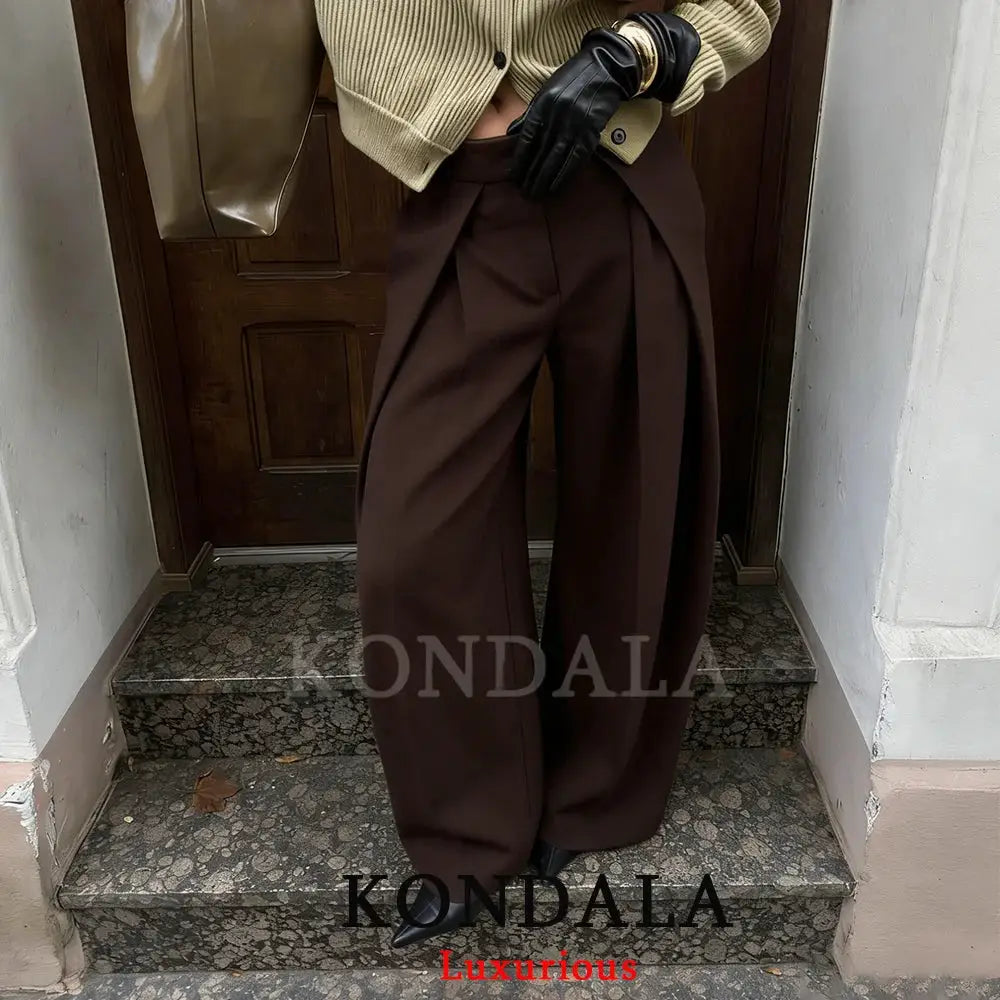 KONDALA Casual Chic Wide Leg Pants For Women High Waist Pleated Trousers With Pockets Office Lady