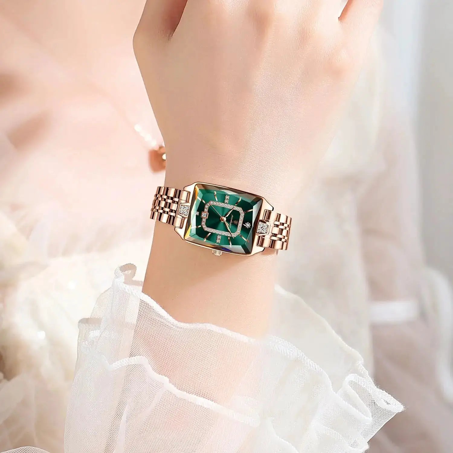 POEDAGAR luxury women's wristwatch with rose-gold stainless steel bracelet and emerald green dial with crystal accents