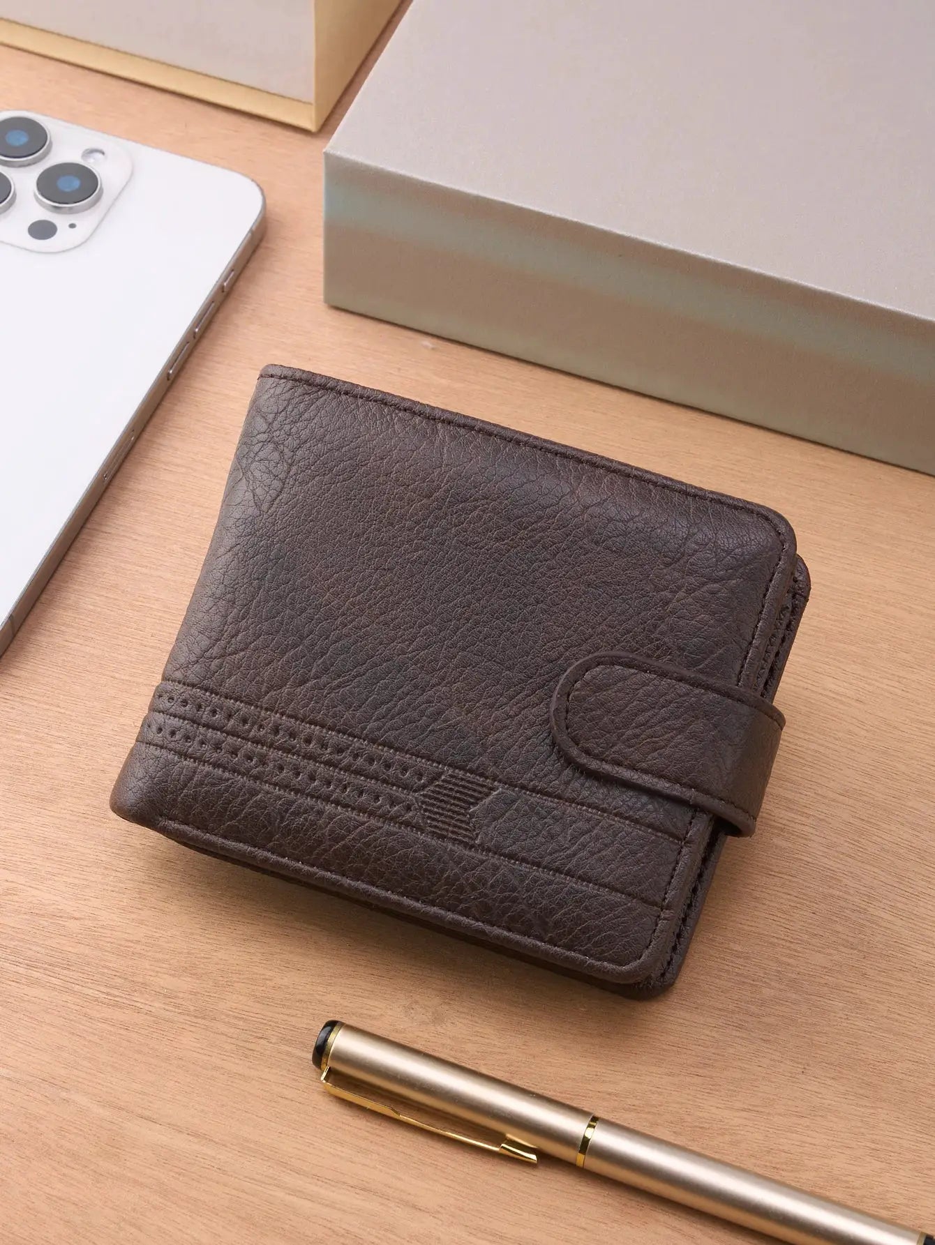 Brown leather men's zipper wallet with slim cardholder and coin pocket.