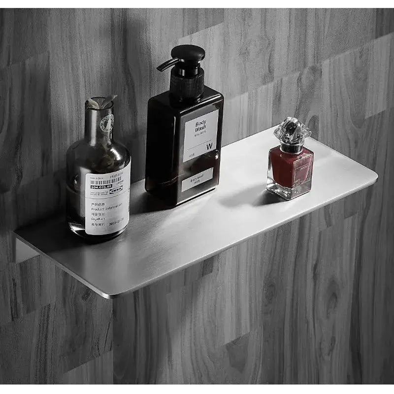 Simples Market 304 stainless steel brushed chrome corner bathroom shelf with three bottles