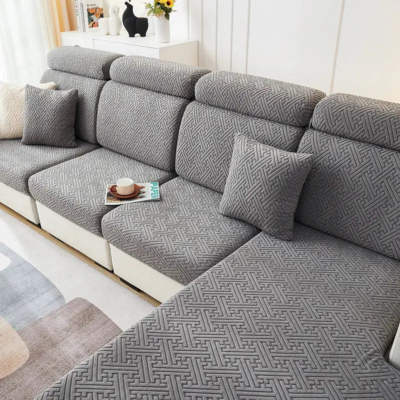 Sofa cushion covers in grey jacquard; stretchable slipcover for sectional sofa
