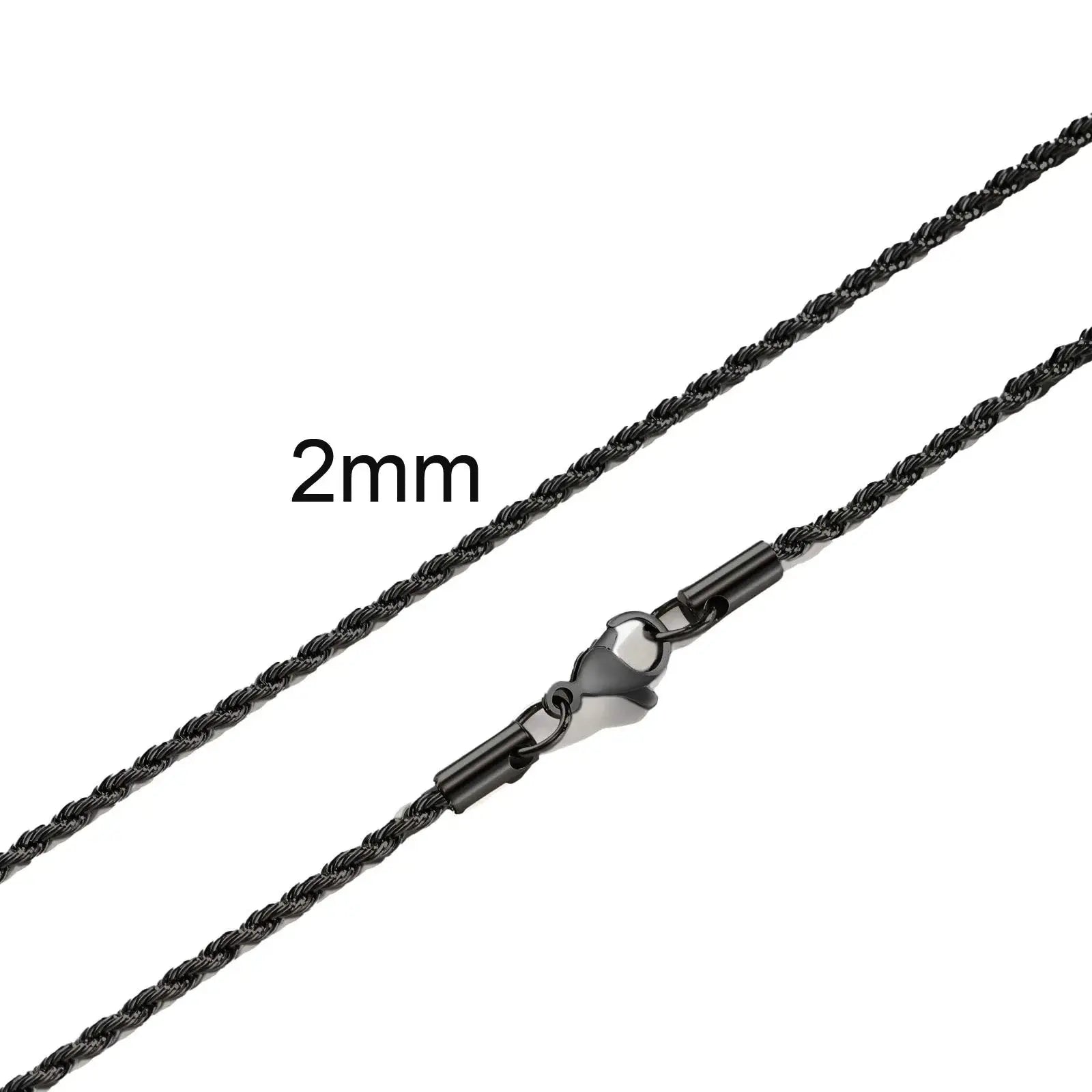 Rope chain necklace, black 2mm stainless steel, adjustable 16–36 inch length with lobster clasp