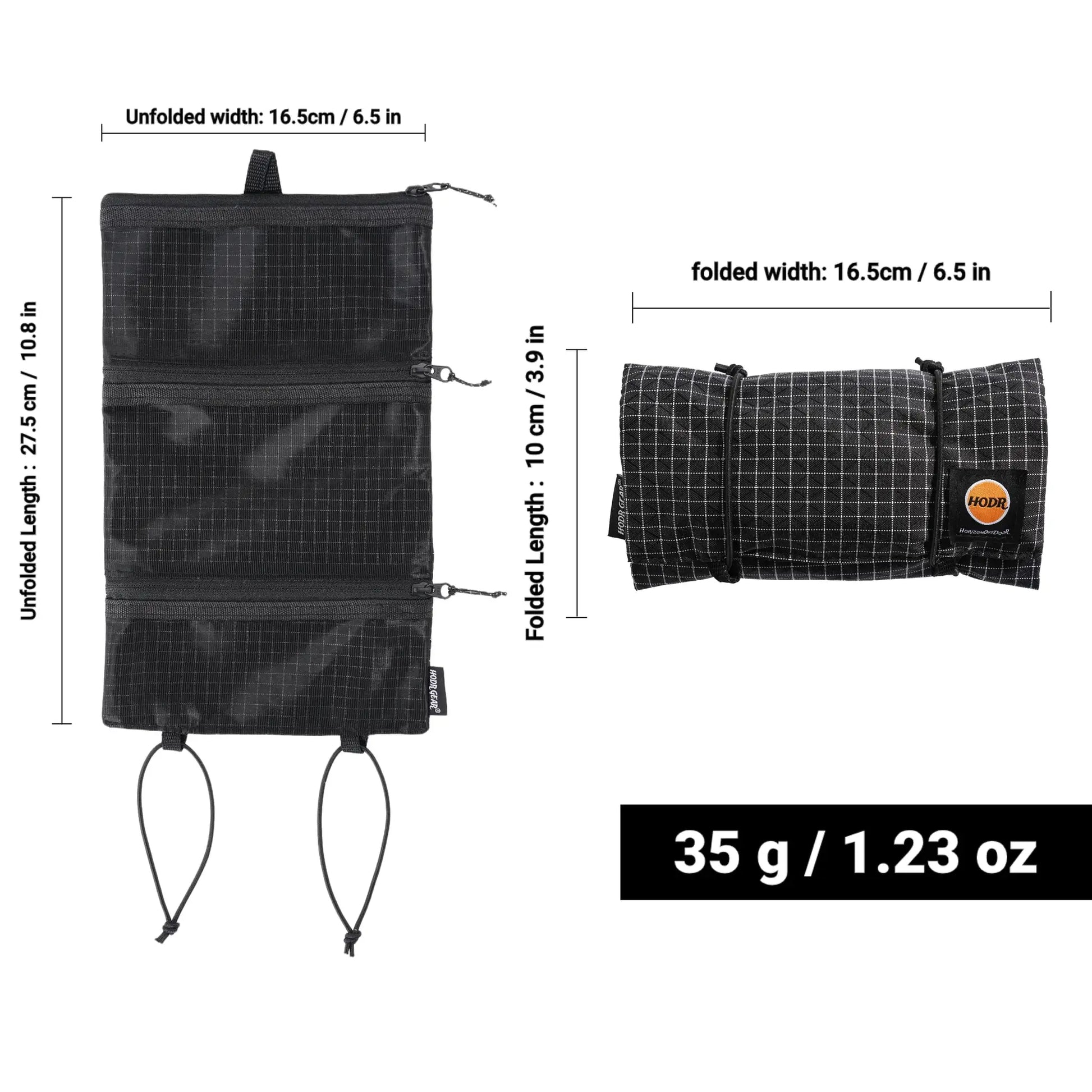 HODRGEAR ultralight toiletries organizer by Simples Market; black UHMWPE Gridstop, YKK zippers, roll-up & unfold views
