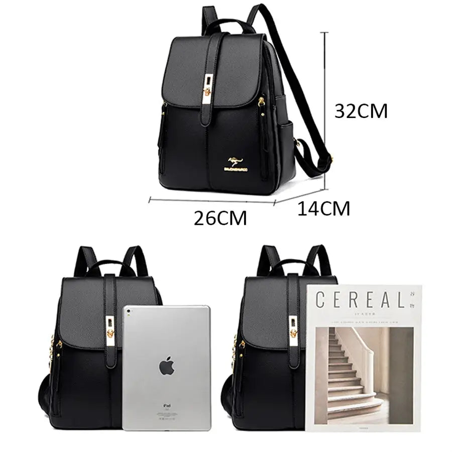 Backpacks by Simples Market; black leather vintage-style daypacks for girls (two shown)