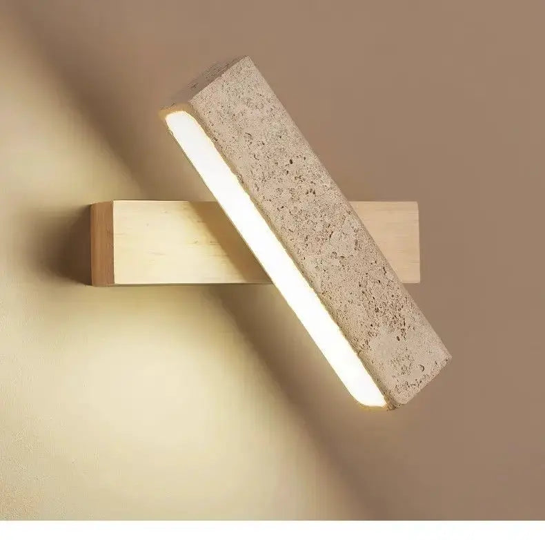 Natural stone wall lamp sconce with wooden mount and warm LED glow, Simples Market