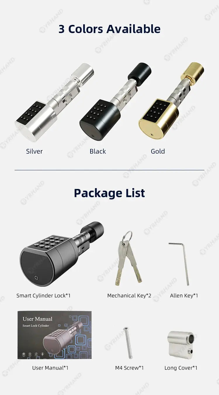 Simples Market Smart Euro Cylindrical Door Lock in Silver/Black/Gold with 2 mechanical keys
