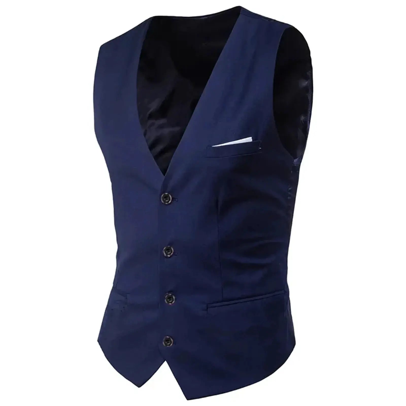 Men's navy blue suit vest waistcoat by Simples Market with white pocket square, black lining, 4-button front