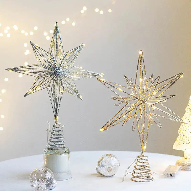 Gold Christmas Tree Topper Star With LED String Lights Ornament For Home Decor Party Festive New Year