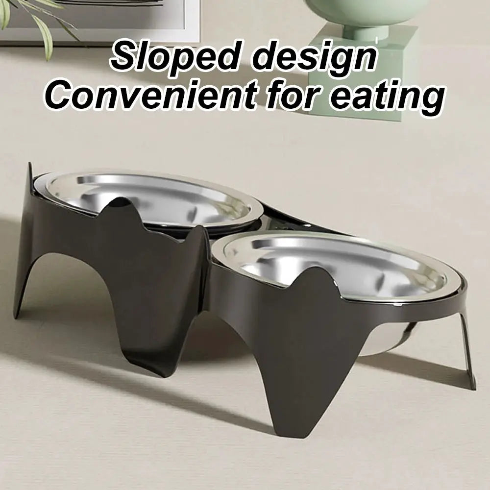 Pet feeding bowls set: dual stainless steel bowls on anti-tip dark base for cats and dogs