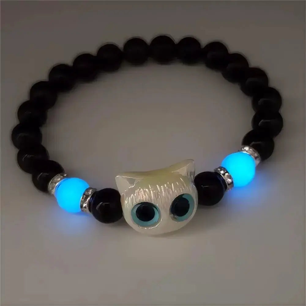 Luminous Cat Head Bead Strand Bracelet for Couples Black White Cat Design Matching Friendship Jewelry for Men and Women