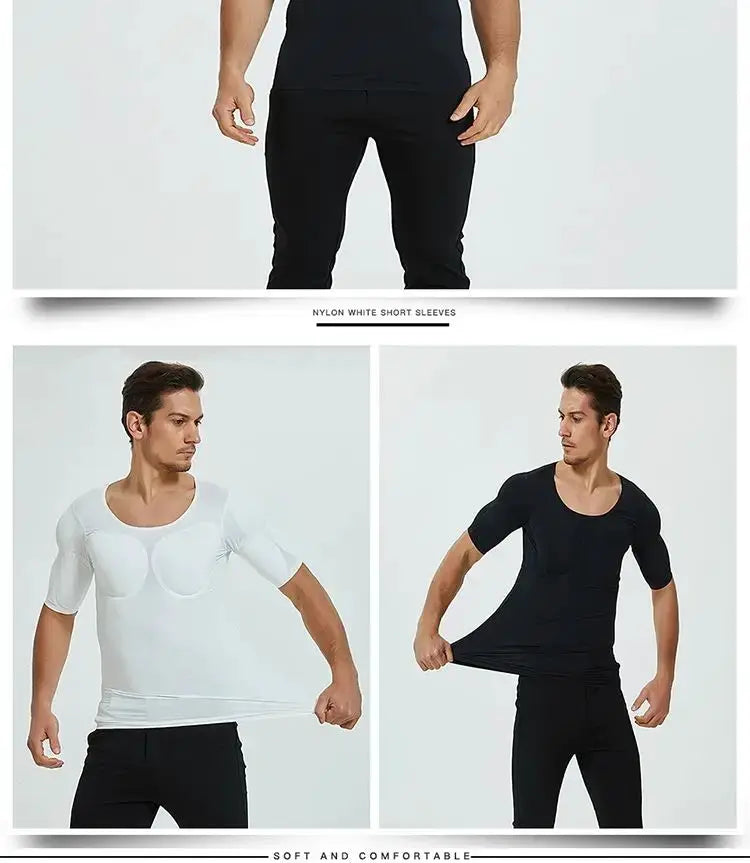 Men body shaper undershirt with built-in muscle padding; white and black versions shown