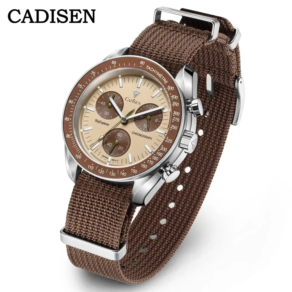 CADISEN men's watch with tan dial, tachymeter bezel, and brown canvas strap