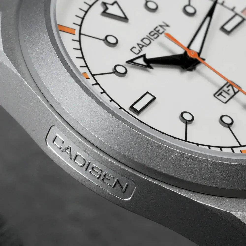 CADISEN TI-7 autodyne wristwatch with white dial and orange seconds hand, CADISEN branding on the case