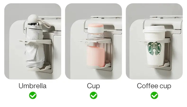 Mixi aluminum-frame carry-on luggage with USB port; white suitcase shown with umbrella and cup holders (Starbucks cup).