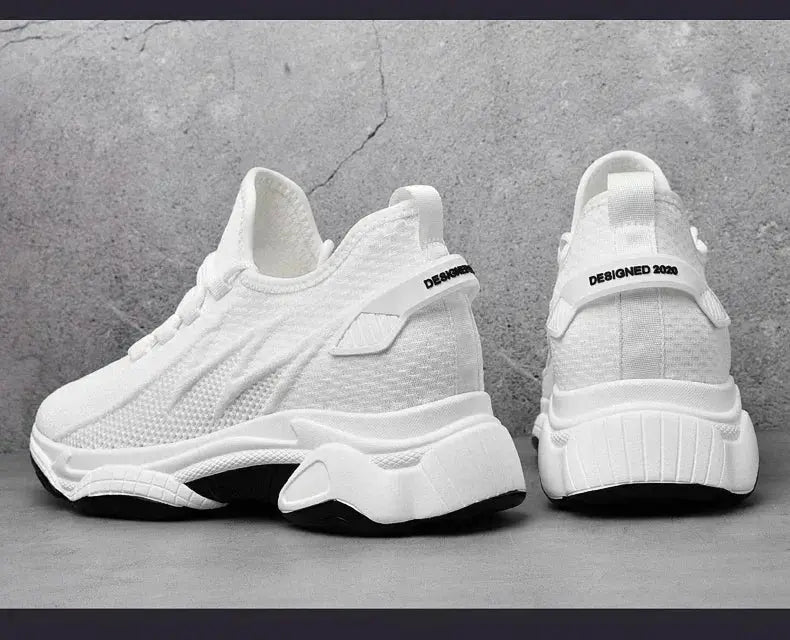 White men's height-increasing sneakers with breathable mesh upper and thick sole