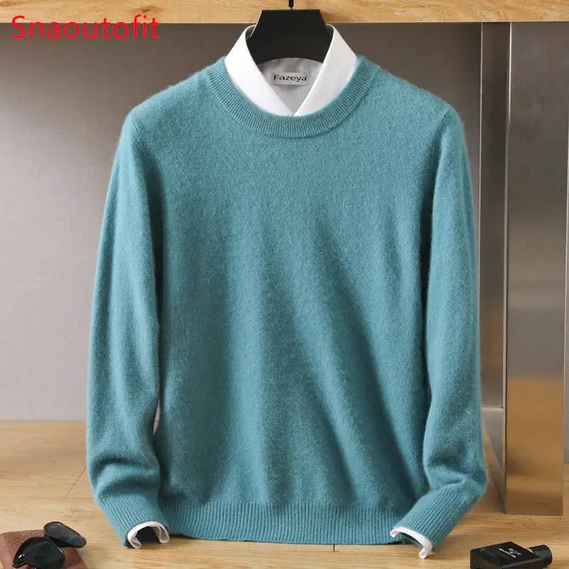 Men's teal mink cashmere O-neck knit sweater with long sleeves, Fazeya label