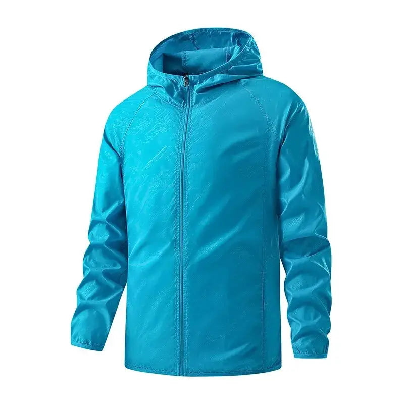 Waterproof hiking jacket with hood, unisex blue windbreaker for outdoor rain.