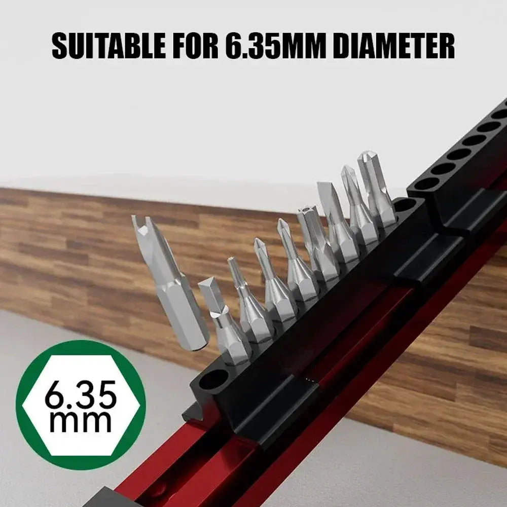 Magnetic screwdriver bit holder organizer with 40 slots in a red and black case for 6.35 mm bits.