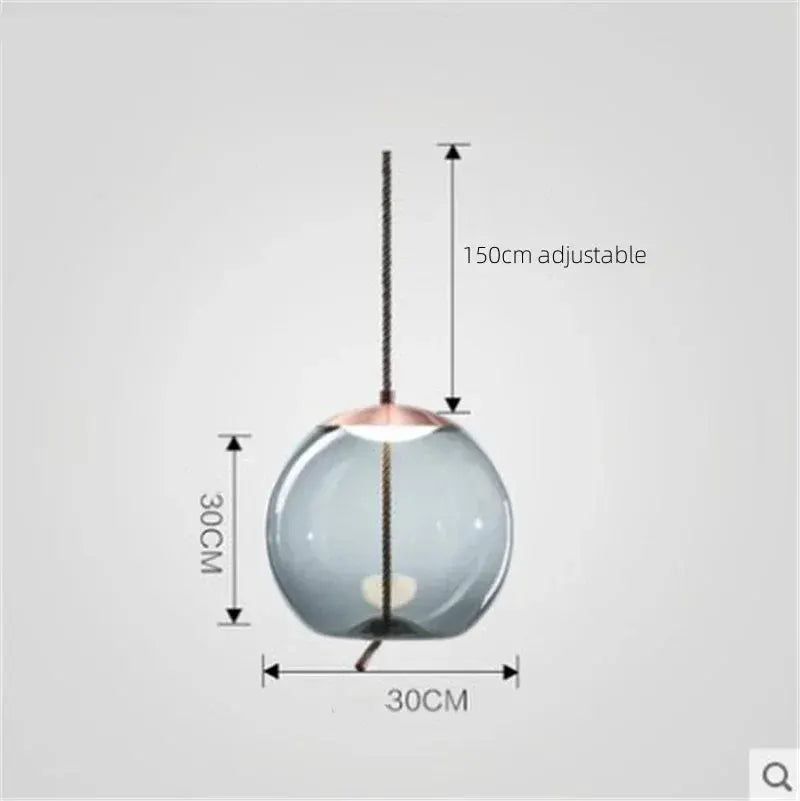 Pendant lamp blue glass sphere with hemp rope suspension, adjustable up to 150 cm, 30 cm diameter.
